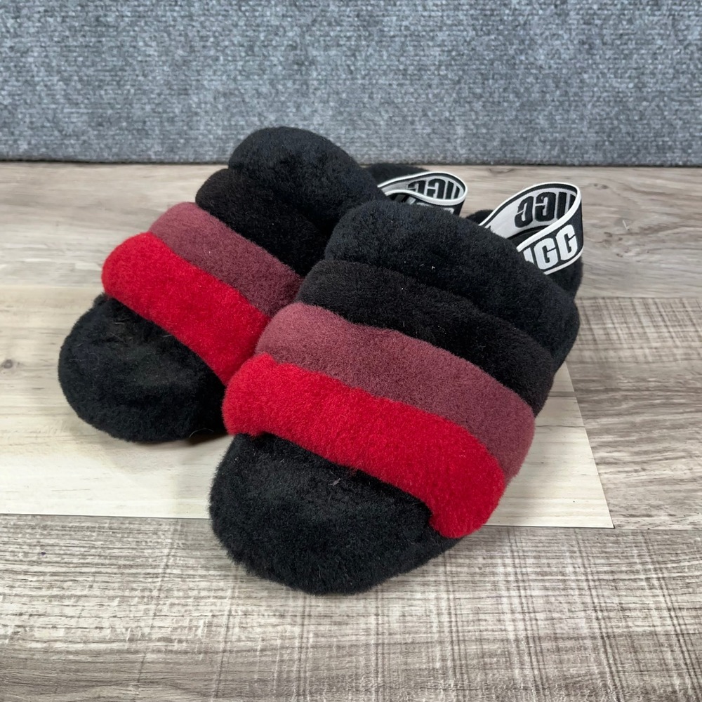UGG Fluffita Slide Slipper Womens 8 Shearling Slingback Logo Strap Black Red